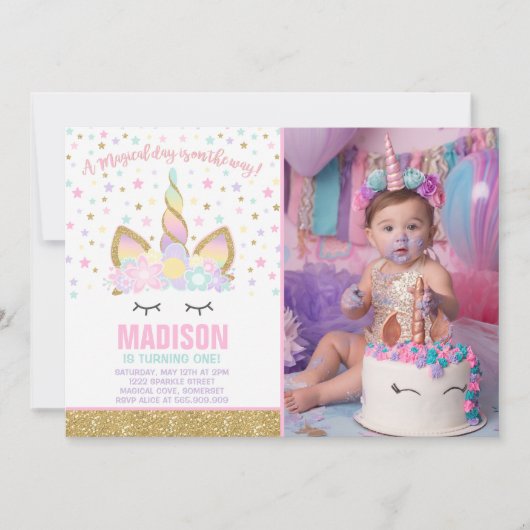 Rainbow Unicorn Birthday Invitation roze Gold Kaart (Voorkant)
