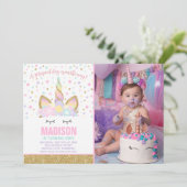 Rainbow Unicorn Birthday Invitation roze Gold Kaart (Staand voorkant)
