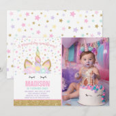 Rainbow Unicorn Birthday Invitation roze Gold Kaart (Voorkant / Achterkant)