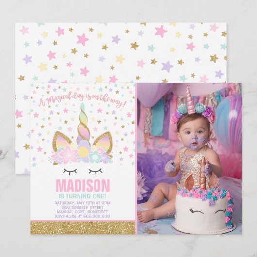 Rainbow Unicorn Birthday Invitation roze Gold Kaart (Voorkant / Achterkant)