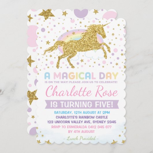 Rainbow Unicorn Birthday Invitation roze Gold Kaart (Voorkant / Achterkant)