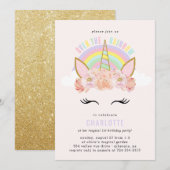Rainbow Unicorn Birthday Invitation roze Gold Kaart (Voorkant / Achterkant)