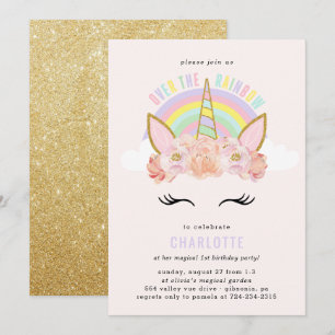 Rainbow Unicorn Birthday Invitation roze Gold Kaart