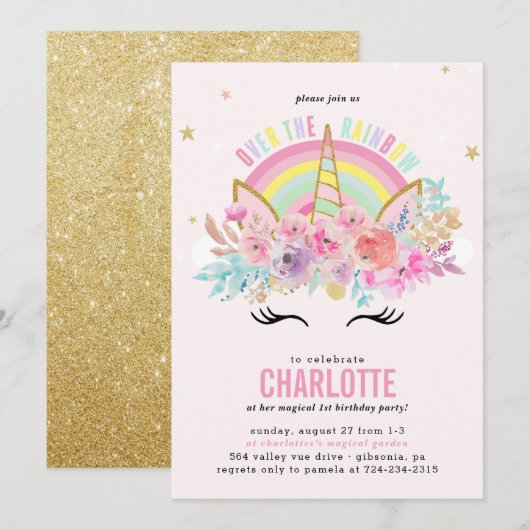 Rainbow Unicorn Birthday Invitation roze Gold Kaart (Voorkant / Achterkant)