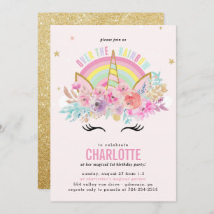 Rainbow Unicorn Birthday Invitation roze Gold Kaart