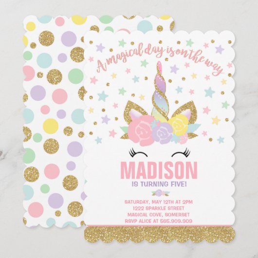 Rainbow Unicorn Birthday Invitation roze Gold Kaart (Voorkant / Achterkant)