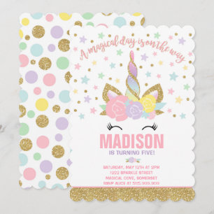 Rainbow Unicorn Birthday Invitation roze Gold Kaart