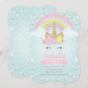 Rainbow Unicorn Birthday Invitation roze Gold Kaart
