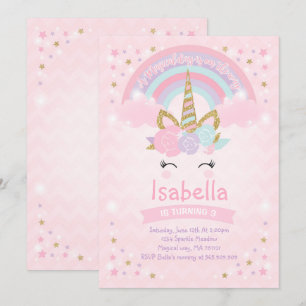 Rainbow Unicorn Birthday Invitation roze Gold Kaart