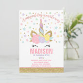 Rainbow Unicorn Birthday Invitation roze Gold Kaart (Staand voorkant)