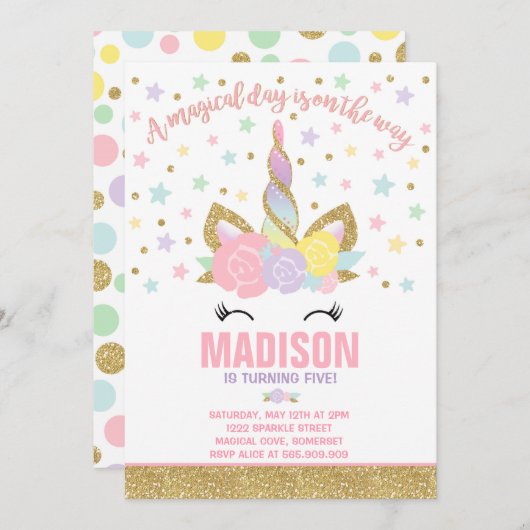 Rainbow Unicorn Birthday Invitation roze Gold Kaart (Voorkant / Achterkant)