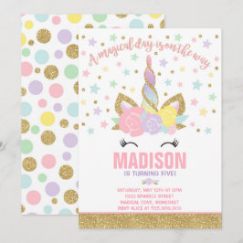 Rainbow Unicorn Birthday Invitation roze Gold Kaart
