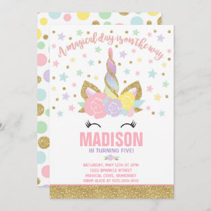 Rainbow Unicorn Birthday Invitation roze Gold Kaart