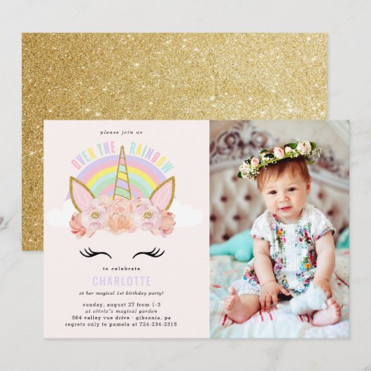 Rainbow Unicorn Birthday Invitation roze Gold Kaart (Voorkant / Achterkant)