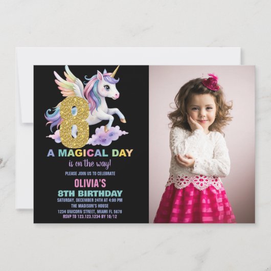 Rainbow Unicorn Birthday Invitations met foto Kaart (Voorkant)