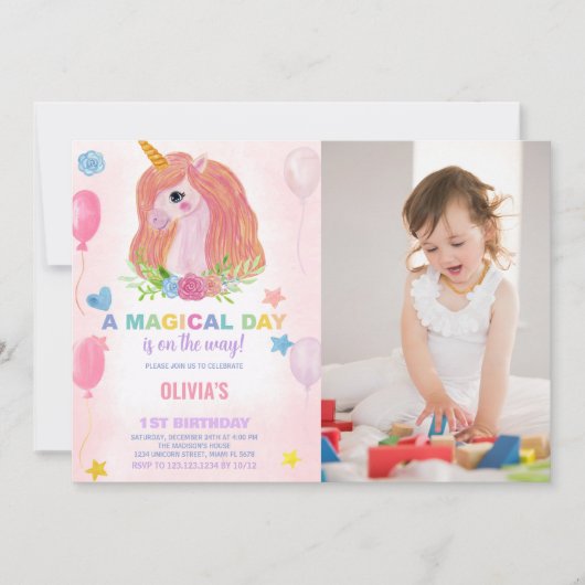 Rainbow Unicorn Birthday Invitations met foto Kaart (Voorkant)