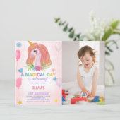 Rainbow Unicorn Birthday Invitations met foto Kaart (Staand voorkant)