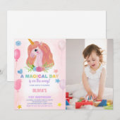 Rainbow Unicorn Birthday Invitations met foto Kaart (Voorkant / Achterkant)