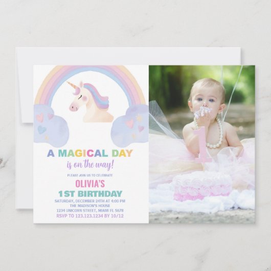 Rainbow Unicorn Birthday Invitations met foto Kaart (Voorkant)