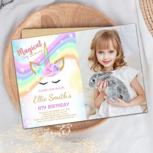 Rainbow Unicorn Birthday Invitations met foto Kaart