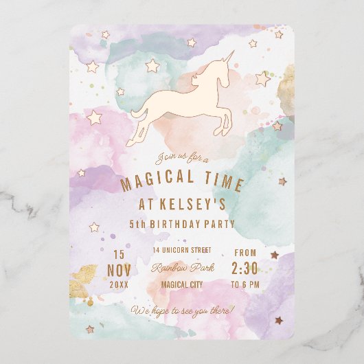 Rainbow Unicorn Birthday Party Folie Uitnodiging (Voorkant)