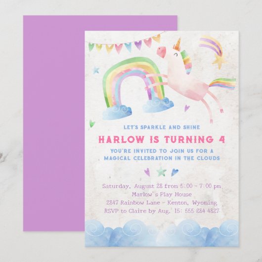 Rainbow Unicorn Birthday Party Invitation Kaart (Voorkant / Achterkant)