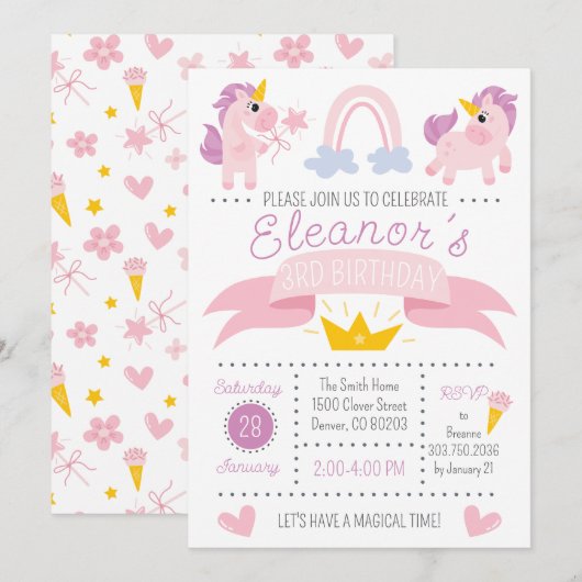 Rainbow Unicorn Birthday Party Invitation Kaart (Voorkant / Achterkant)