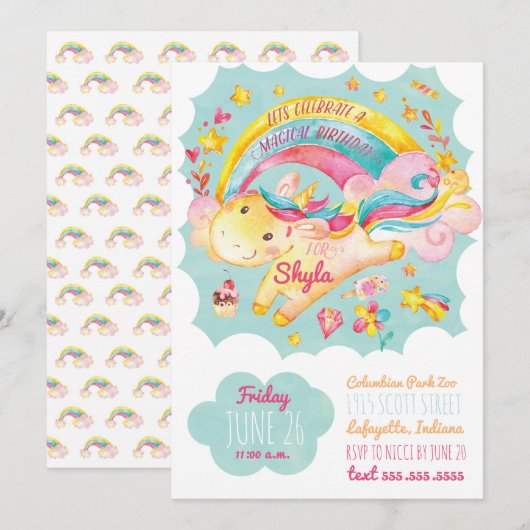 Rainbow Unicorn Birthday Party Invitation Kaart (Voorkant / Achterkant)