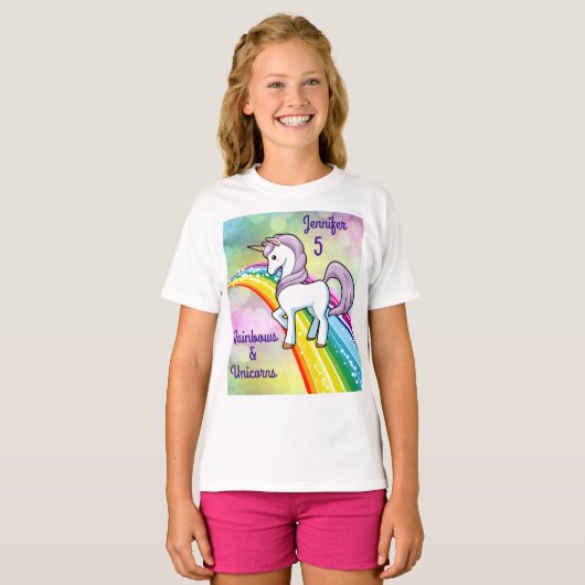 Rainbow & Unicorn Birthday T-Shirt Girls (Voorkant volledig)