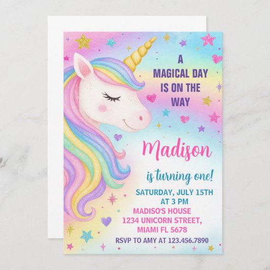 Rainbow Unicorn Birthday Uitnodiging (Voorkant / Achterkant)