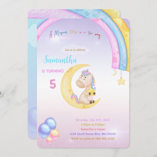 Rainbow Unicorn Birthday Uitnodiging (Voorkant / Achterkant)