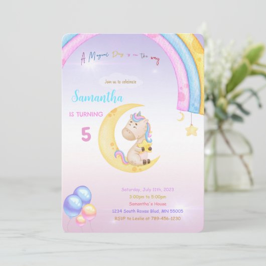 Rainbow Unicorn Birthday Uitnodiging (Staand voorkant)