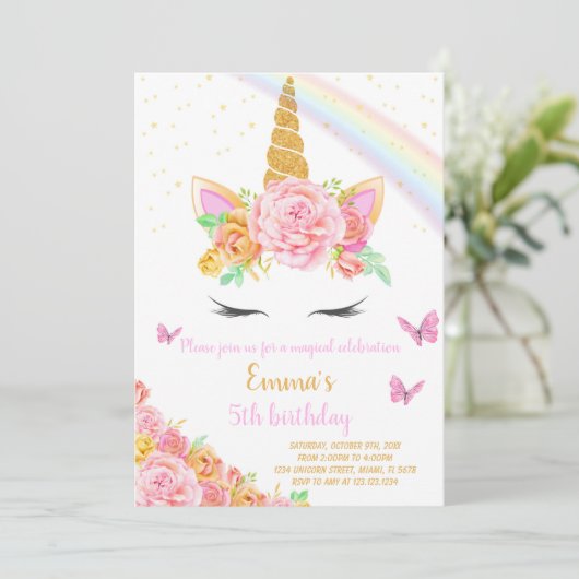 Rainbow Unicorn Birthday Uitnodiging (Staand voorkant)