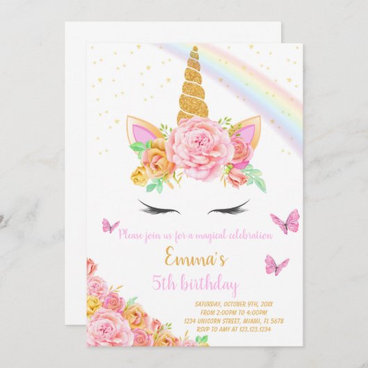 Rainbow Unicorn Birthday Uitnodiging (Voorkant / Achterkant)