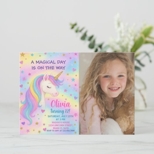 Rainbow Unicorn Birthday Uitnodiging (Staand voorkant)