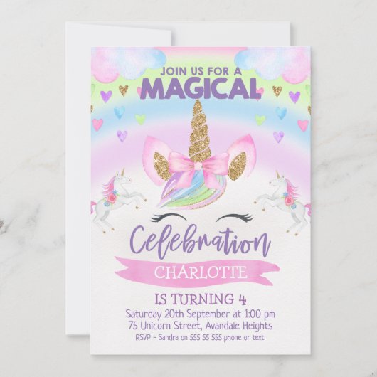 Rainbow Unicorn Birthday Uitnodiging (Voorkant)