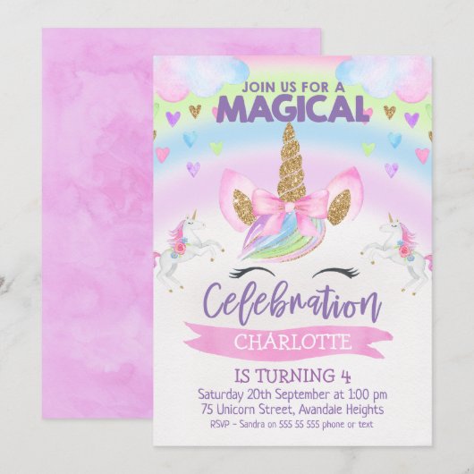 Rainbow Unicorn Birthday Uitnodiging (Voorkant / Achterkant)