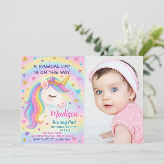 Rainbow Unicorn Birthday Uitnodiging (Staand voorkant)