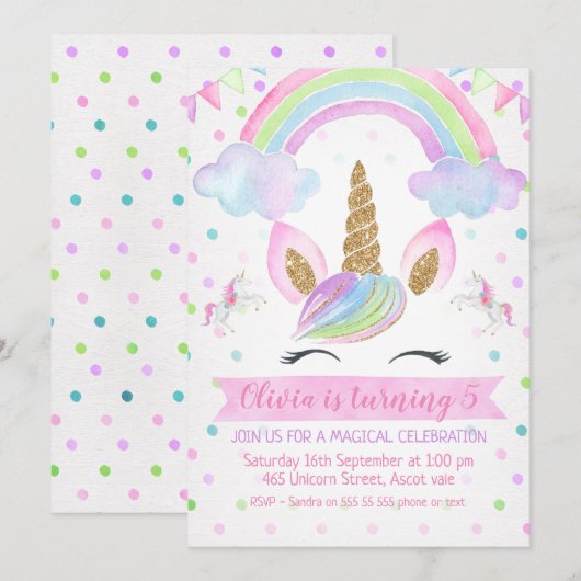 Rainbow Unicorn Birthday Uitnodiging (Voorkant / Achterkant)