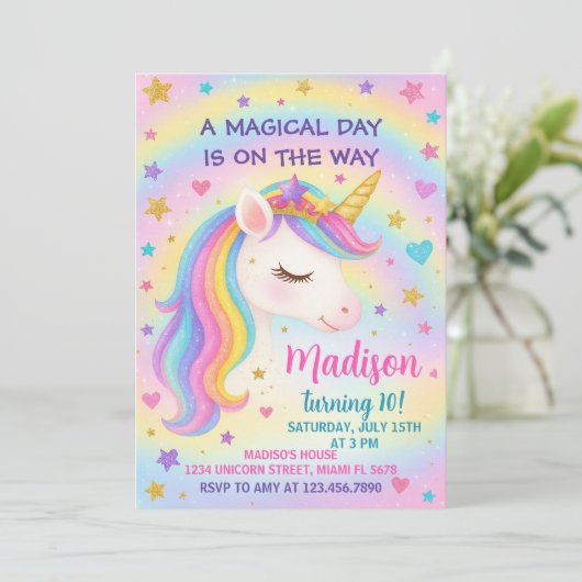 Rainbow Unicorn Birthday Uitnodiging (Staand voorkant)