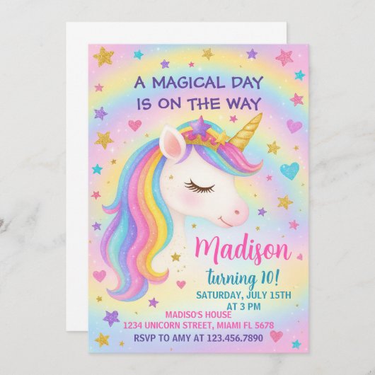 Rainbow Unicorn Birthday Uitnodiging (Voorkant / Achterkant)