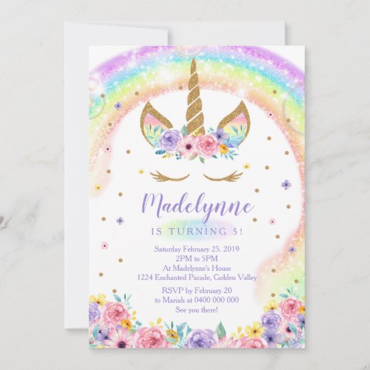 Rainbow Unicorn Birthday Uitnodiging (Voorkant)