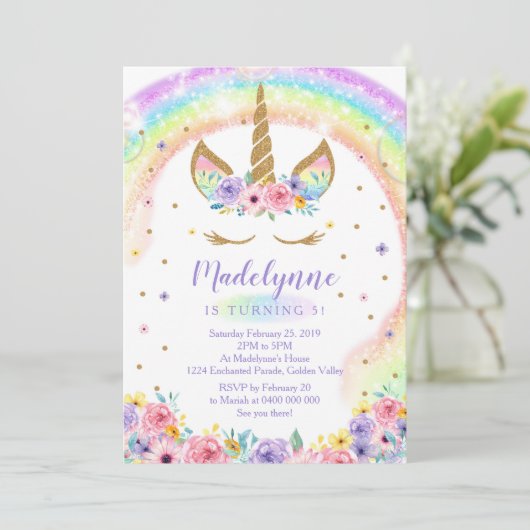 Rainbow Unicorn Birthday Uitnodiging (Staand voorkant)