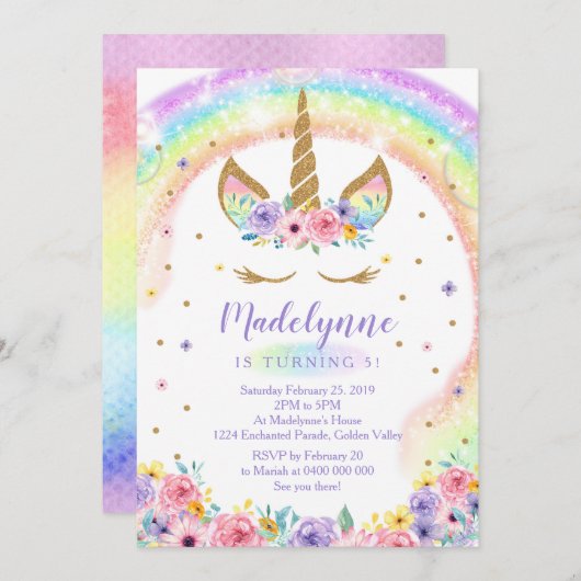 Rainbow Unicorn Birthday Uitnodiging (Voorkant / Achterkant)