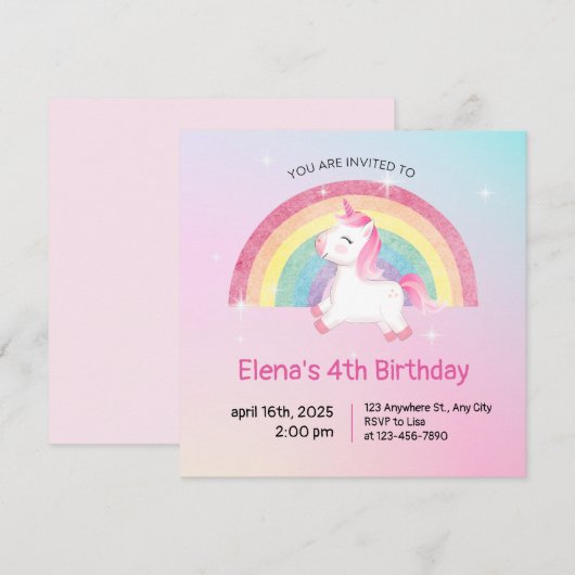 Rainbow Unicorn Birthday Uitnodiging (Voorkant / Achterkant)