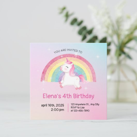Rainbow Unicorn Birthday Uitnodiging (Staand voorkant)