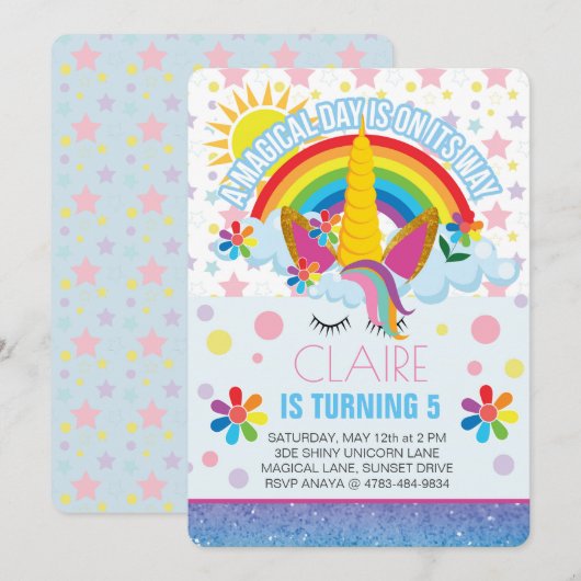 Rainbow Unicorn Birthday-uitnodiging Kaart (Voorkant / Achterkant)