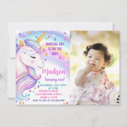 Rainbow Unicorn Birthday Uitnodiging met foto (Voorkant)