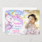 Rainbow Unicorn Birthday Uitnodiging met foto (Voorkant / Achterkant)
