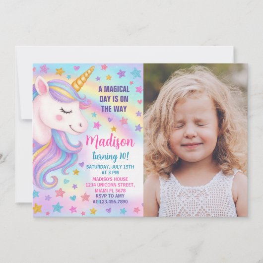 Rainbow Unicorn Birthday Uitnodiging met foto (Voorkant)